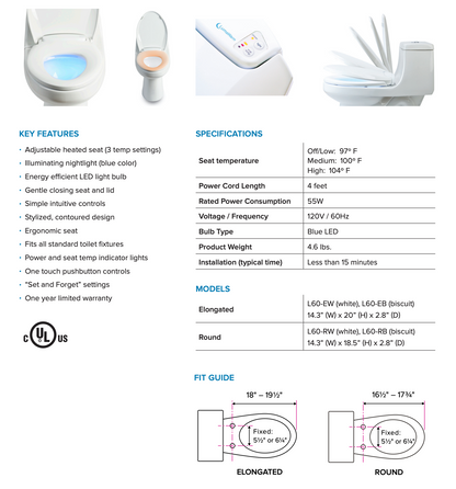 Brondell LunaWarm Heated Nightlight Toilet Seat