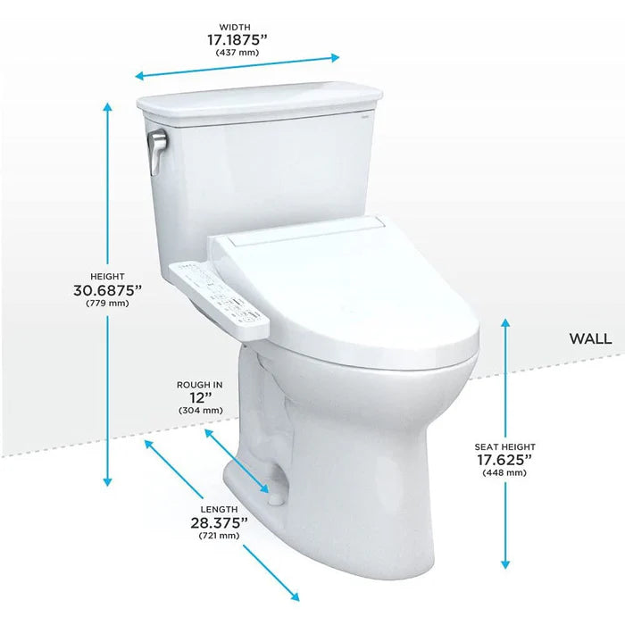 TOTO MW7863074CEFG#01 Drake Transitional Washlet+ 1.28 GPF Elongated Two-Piece Toilet with Washlet C2 Bidet Seat